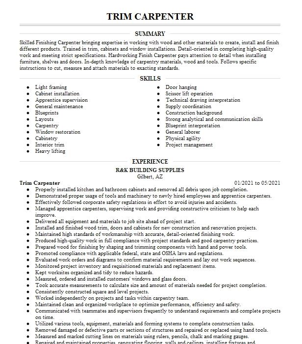 Trim Carpenter Resume Example