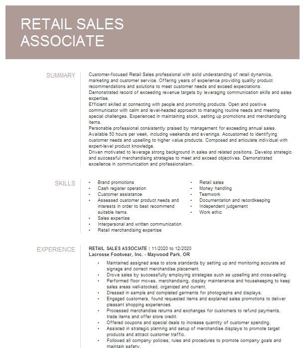 Retail Sales Associate Resume Example