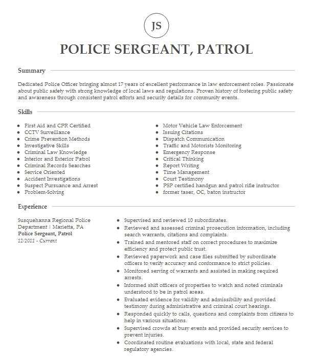 Police Sergeant, Patrol Resume Example