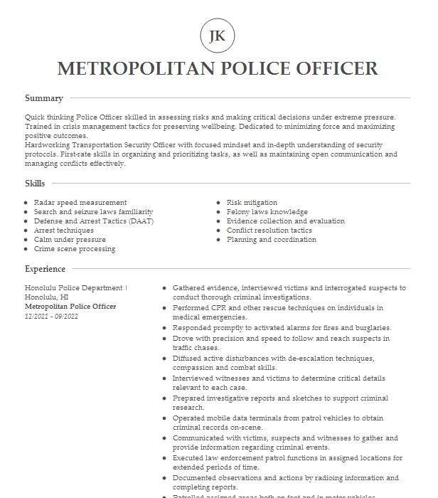 Metropolitan Police Officer Resume Example