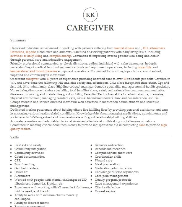 Caregiver Resume Example