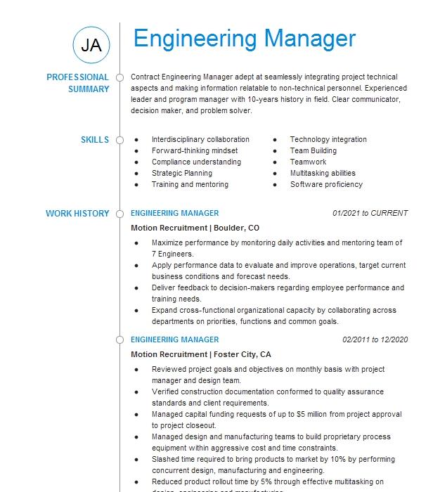 Engineering Manager Resume Example