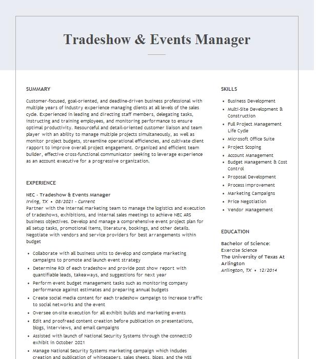 Tradeshow & Events Manager Resume Example