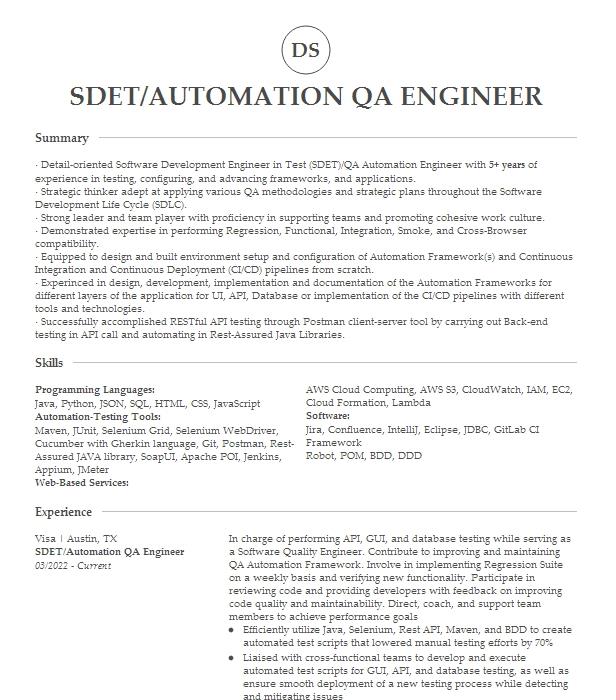 Qa Engineer Sdet Resume Example