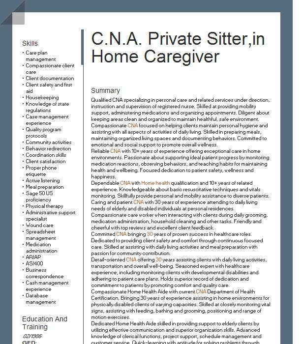 Caregiver Patient Sitter Resume Example