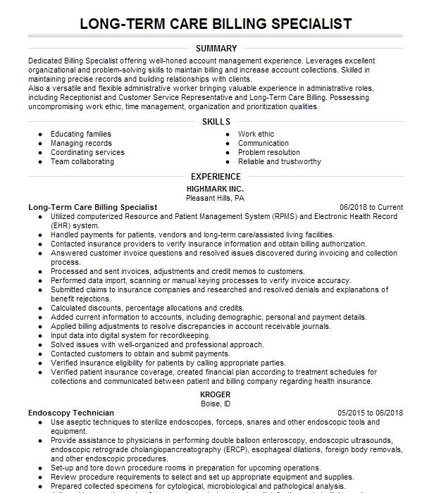 Senior Specialist Long Term Care Insurance Resume Example