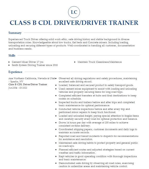 Lead Cdl Trainer Resume Example