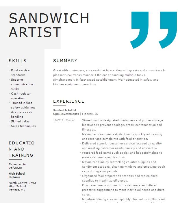 Sandwich Artist Resume Example