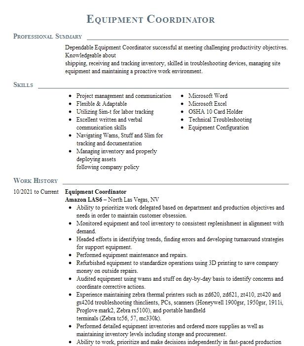 Equipment Coordinator Resume Example