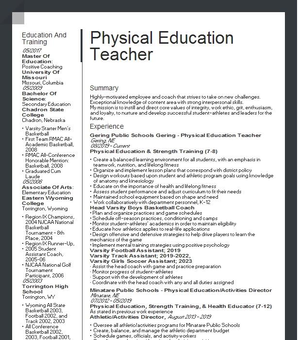 Physical Education Teacher Resume Example