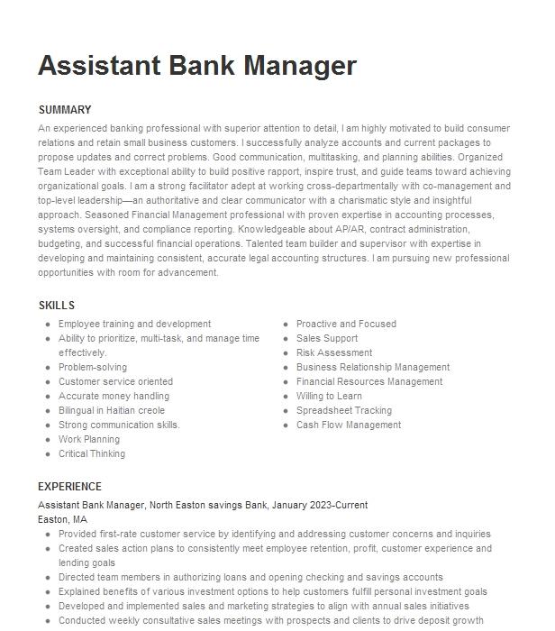 Assistant Bank Manager Resume Example