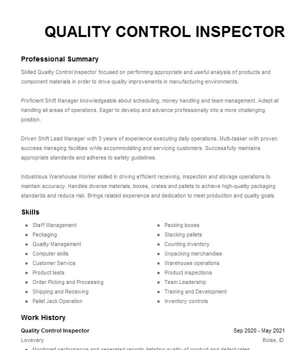 Quality Control Inspector Resume Objective | LiveCareer