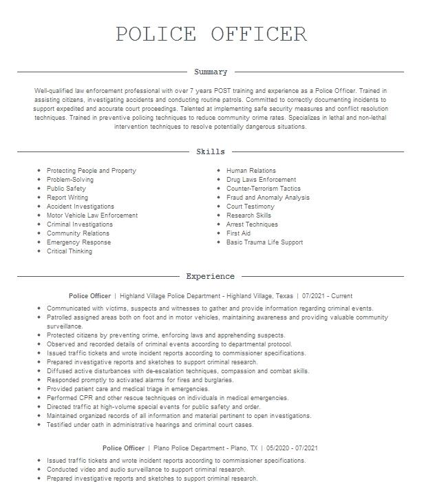 sample objective for resume police officer