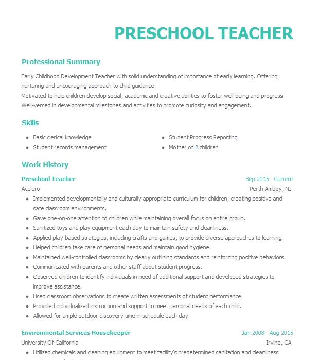 Preschool Teacher Resume Example