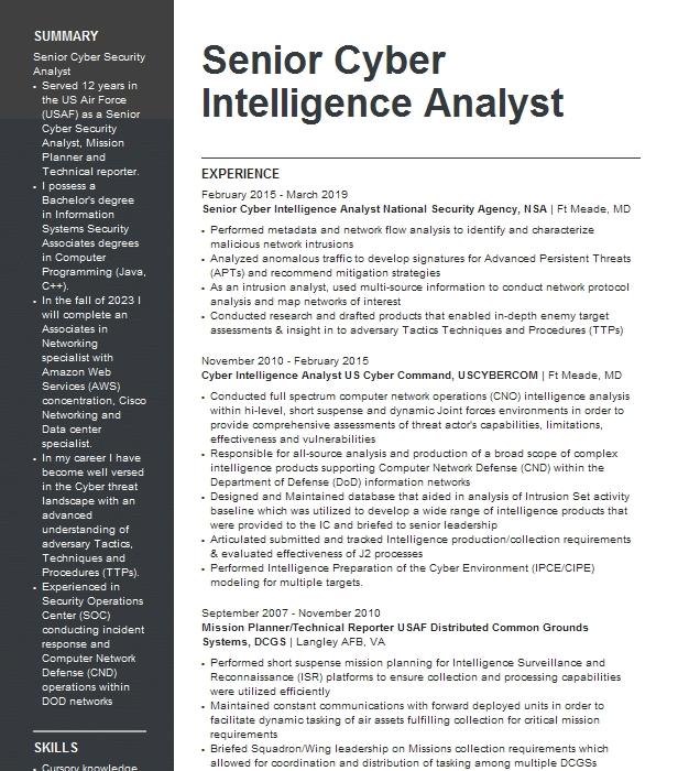 Senior Cyber Intelligence Analyst Resume Example