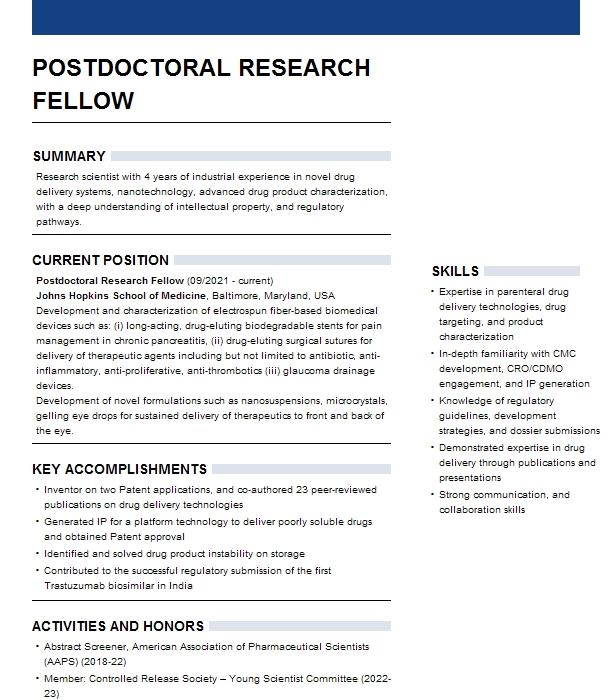 Postdoctoral Research Fellow Resume Example