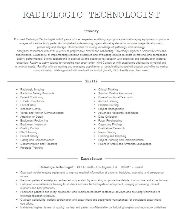 Radiologic Technologist Resume Example