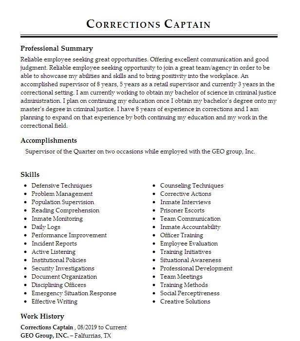 Corrections Captain Resume Example