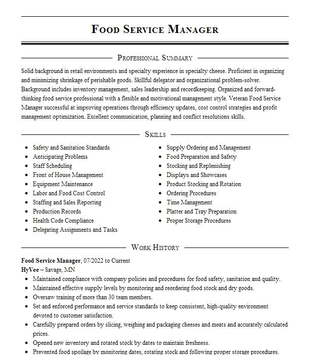 Food Service Manager Resume Example