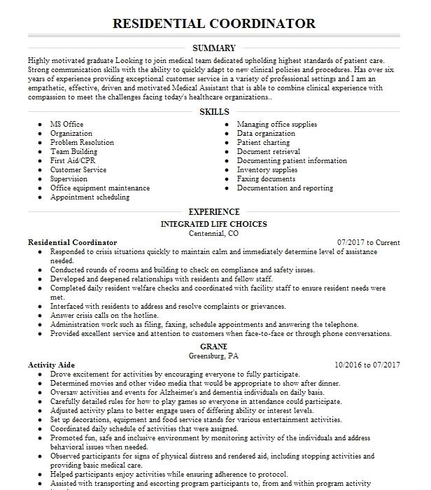 Residential Coordinator Resume Example