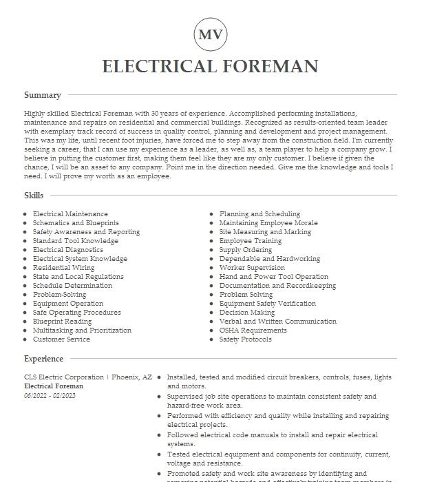 Electrical Foreman Resume Example