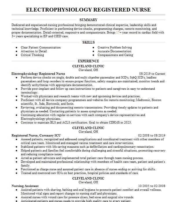 Electrophysiology Registered Nurse Resume Example