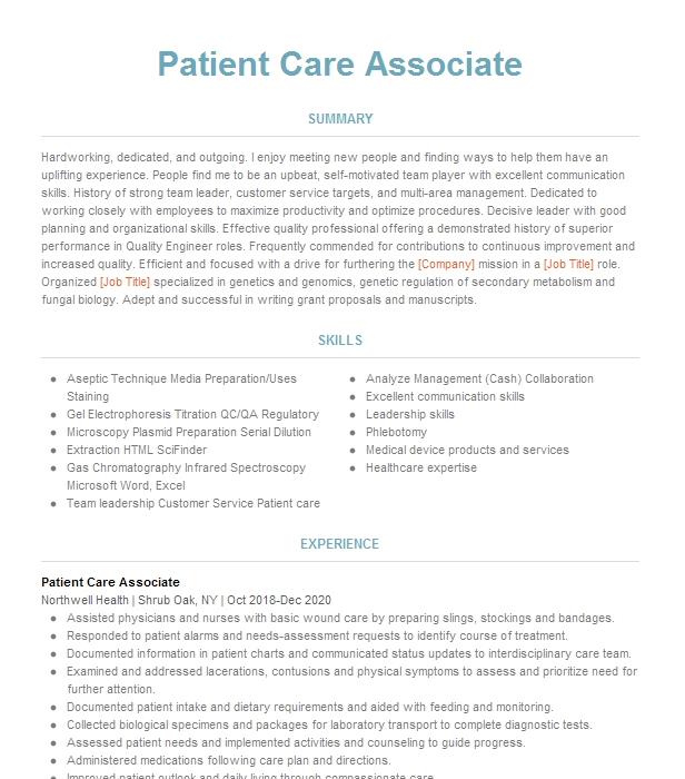 Patient Care Associate Resume Example