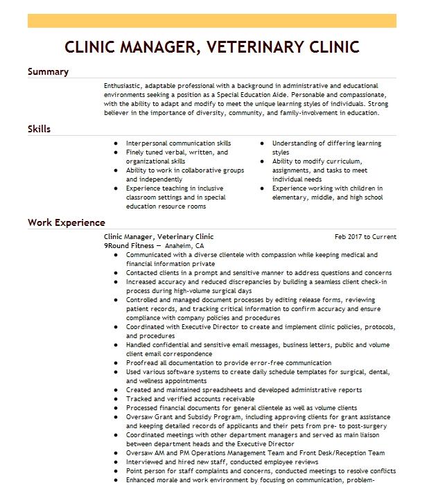 Porgram Coordinator Non Profit Veterinary Clinic Resume Example