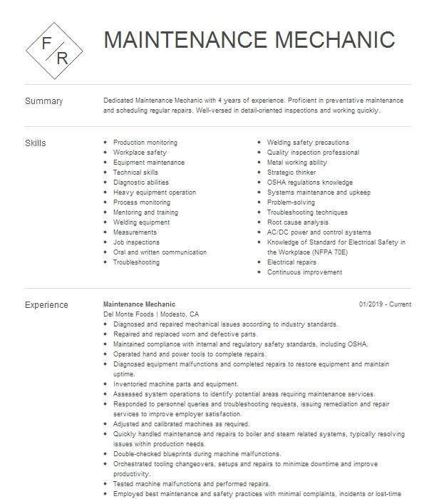 Maintenance Mechanic Resume Example