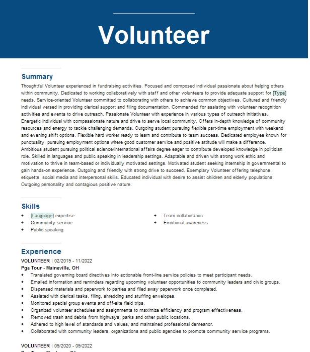 Volunteer Resume Example