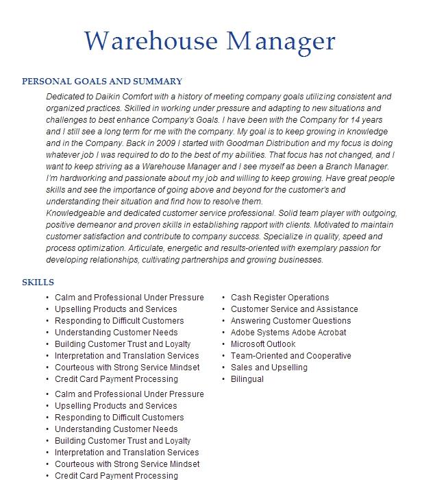 Warehouse Manager Resume Example