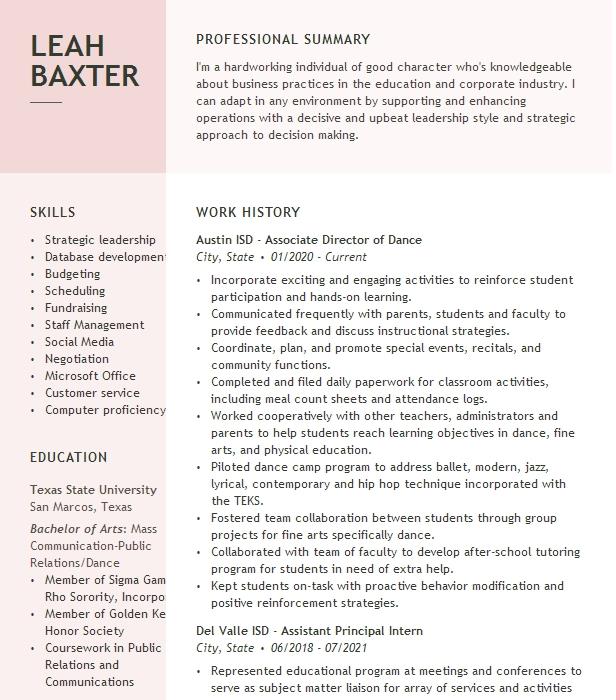 Dance Director Resume Example