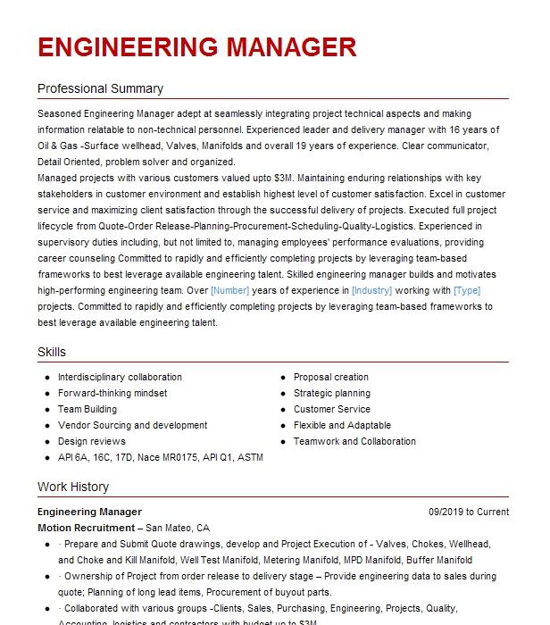 Engineering Manager Resume Example