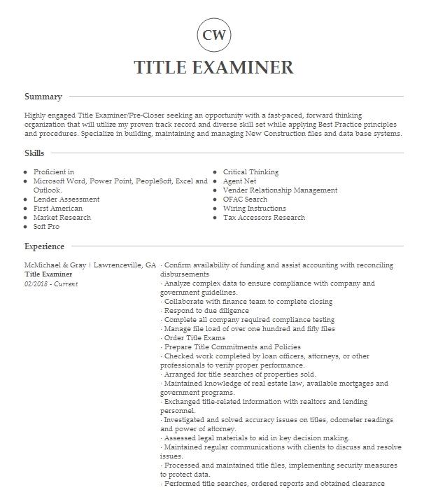 Title Examiner Resume Example 5024