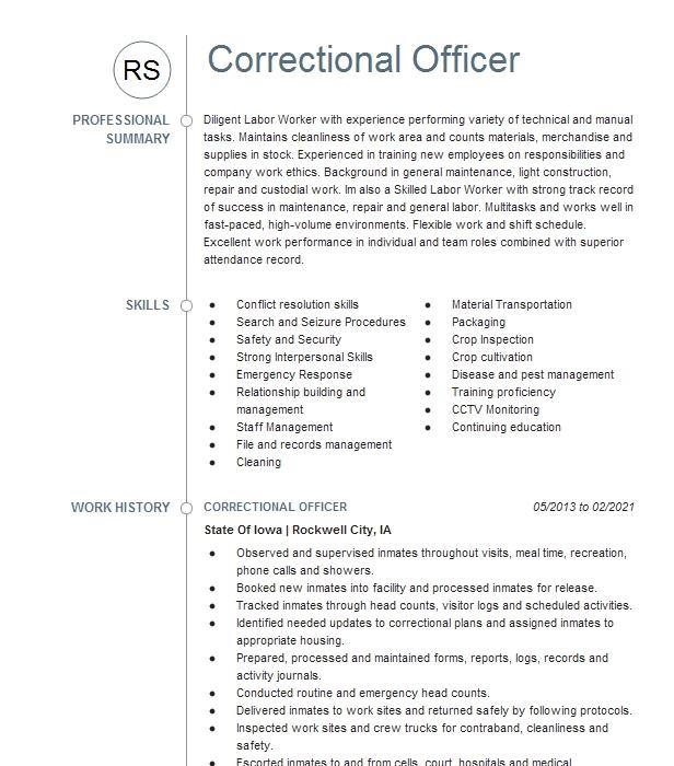 Correctional Officer Resume Example