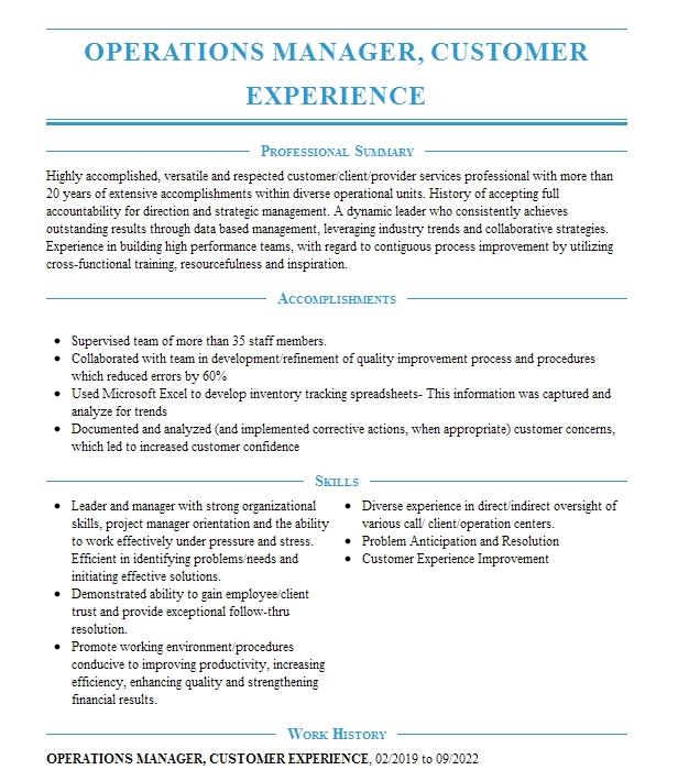 Amazon Operations Manager, Customer Experience Resume Example