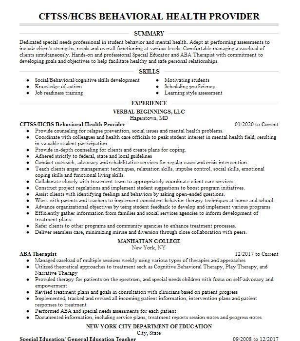 Behavioral Health Provider Resume Example