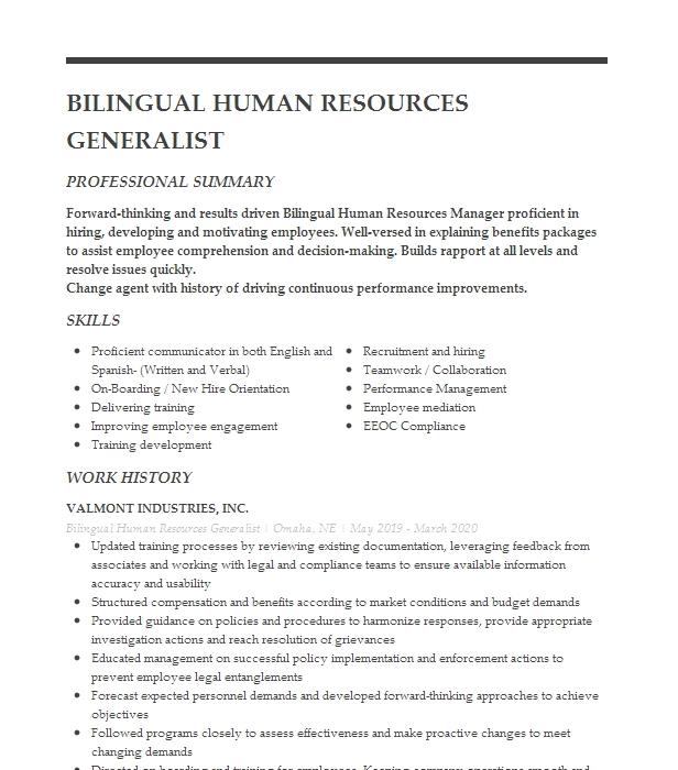 Human Resources Generalist Resume Example