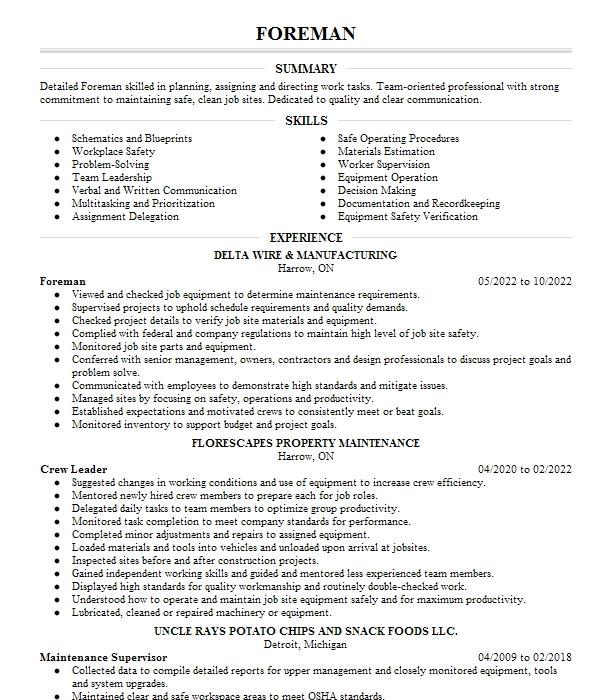 Foreman Resume Example