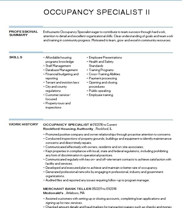 Occupancy Specialist Ll Resume Example