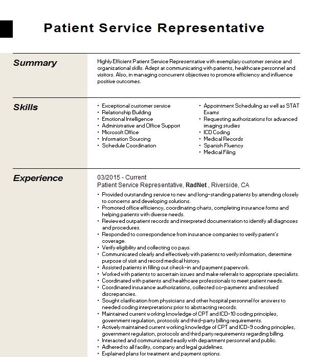 Patient Service Representative Resume Example