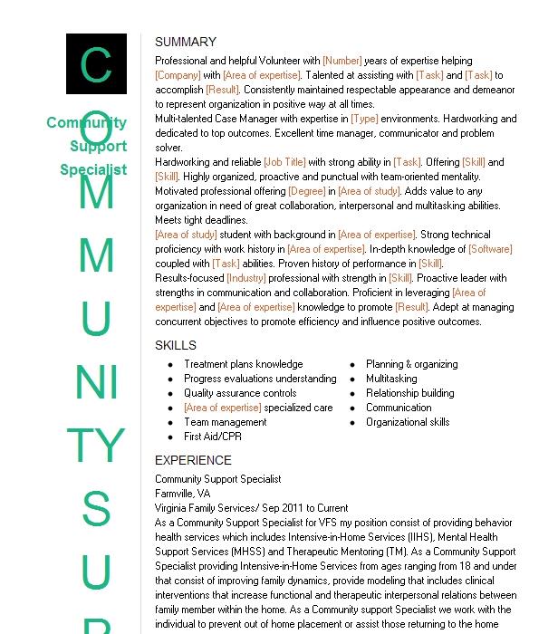 Community Support Specialist Resume Example