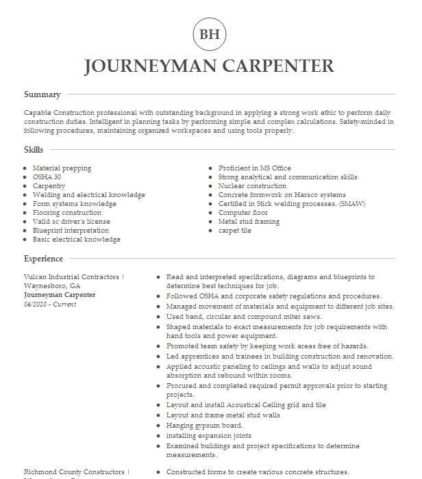 Journeyman Carpenter Resume Example