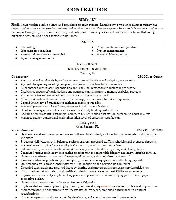 Contractor Resume Example