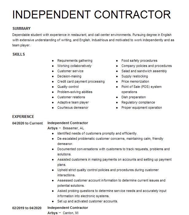 Independent Contractor Resume Example