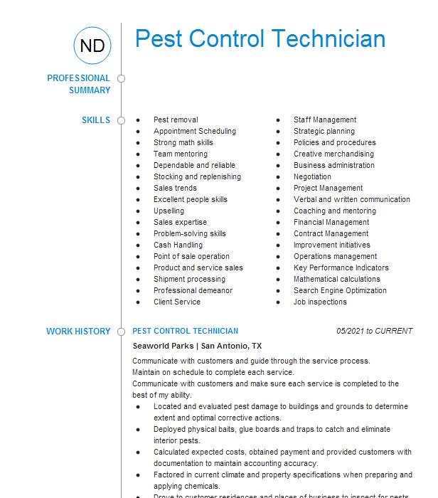 Pest Control Technician Resume Example