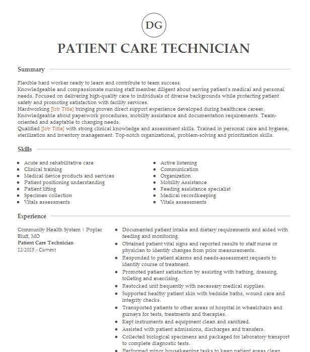 Patient Care Technician Resume Example