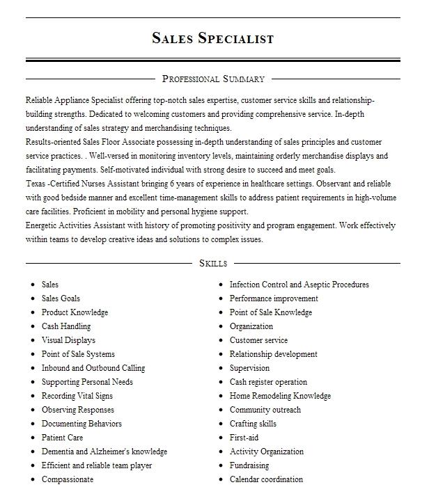 Sales Specialist Resume Example