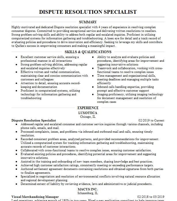 Ar Dispute Resolution Specialist Resume Example