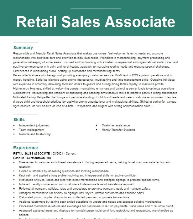 Retail Sales Associate Resume Example